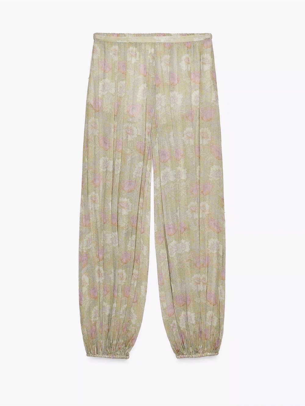 Zara Floral Print Elastic-Hem Women's Pants - Light Beige Pink XS
